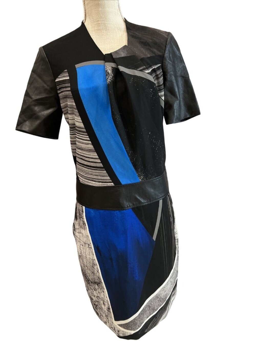Helmut Lang Colorblock Leather/Print Short Sleeve Dress W/Back Zip Closure 6